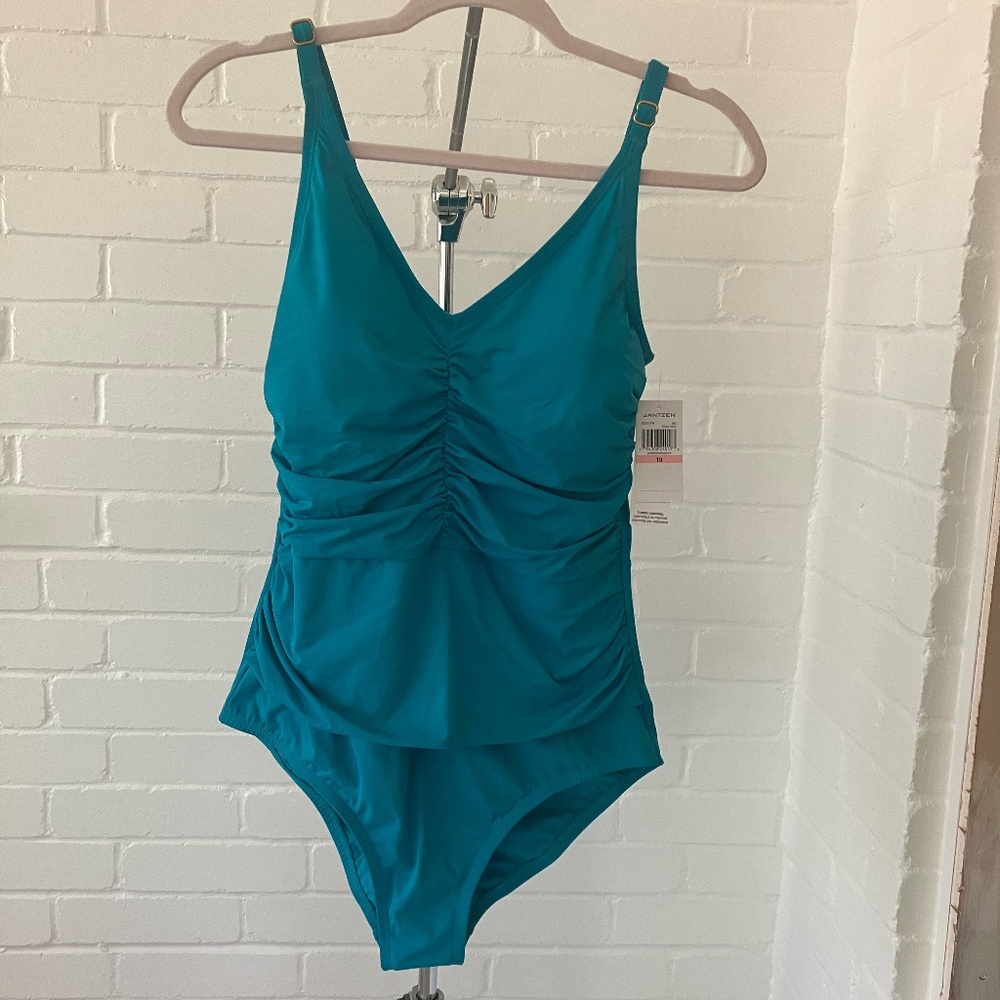 NWT Jantzen Women's Bathing Suit Solid One Piece Sz-10 Ideal Teal JZ22701M
